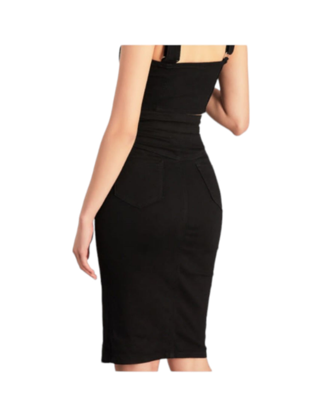 Denim midi skirt with V-shaped bodice and slit!