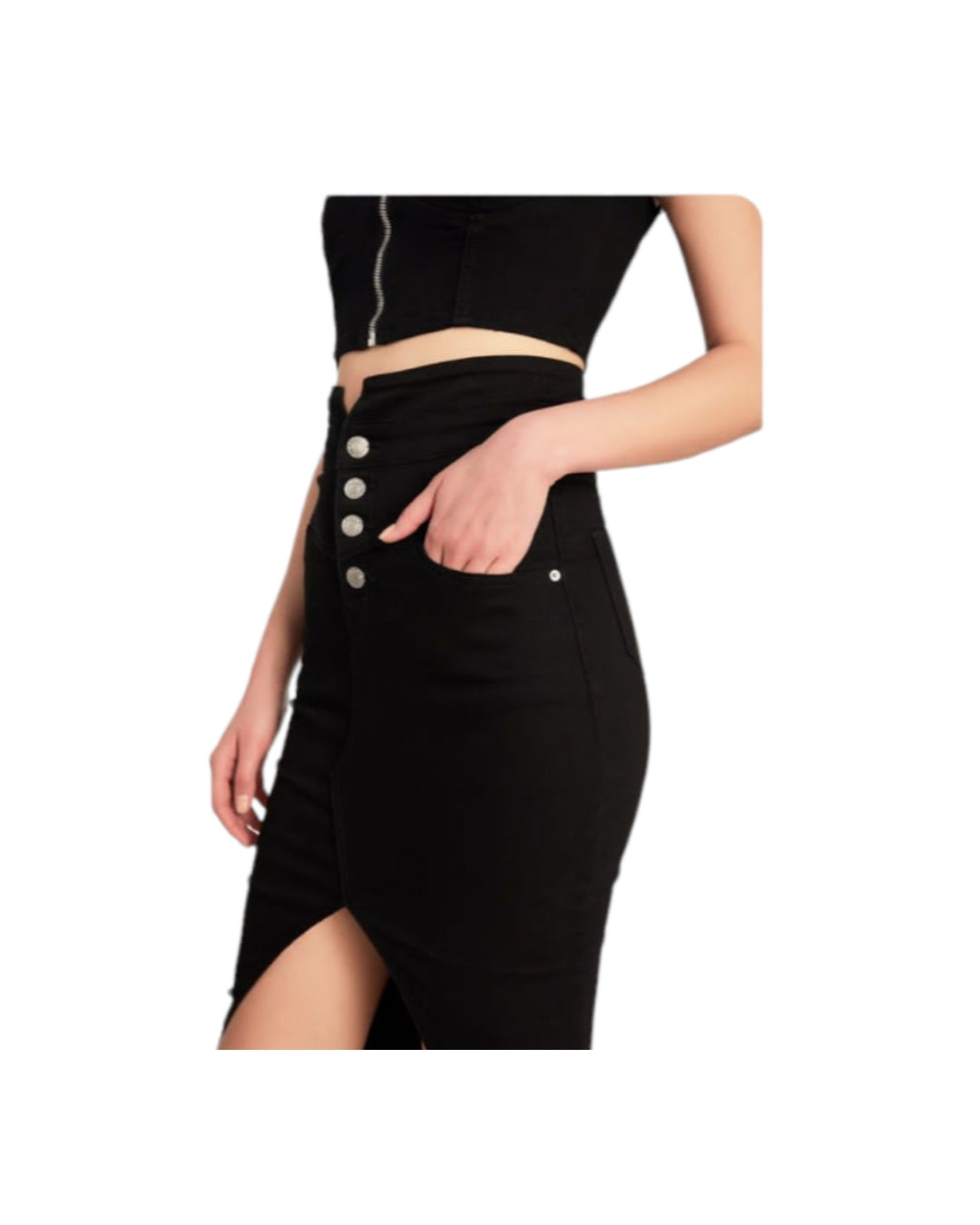 Denim midi skirt with V-shaped bodice and slit!