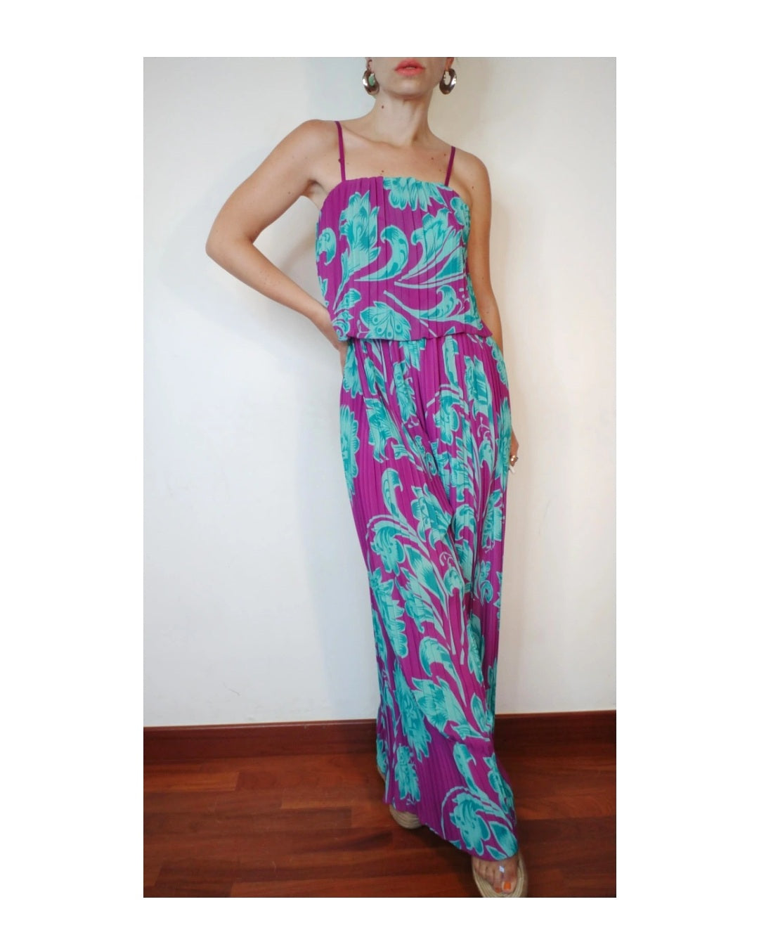 Floral pleated jumpsuit, AQUA/MAGENTA!