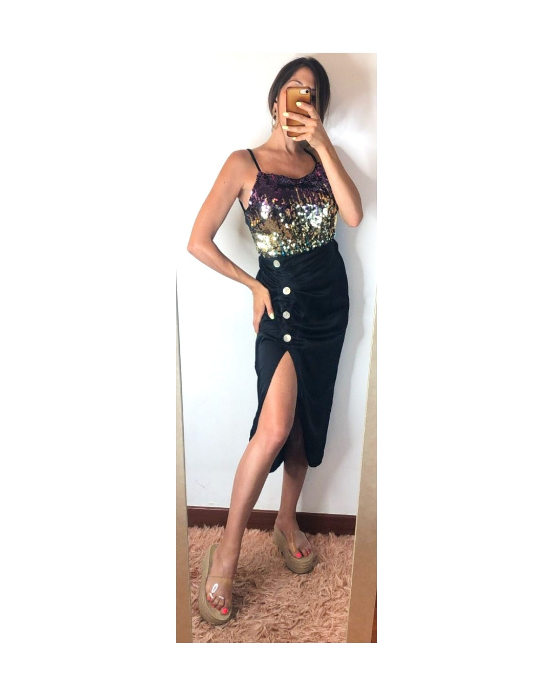 Satin midi skirt with slit: IVORY, ORANGE, BLACK!