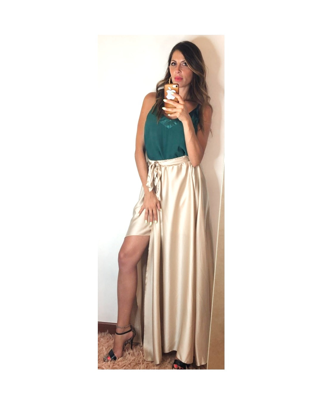 Long satin skirt with slit, IVORY!