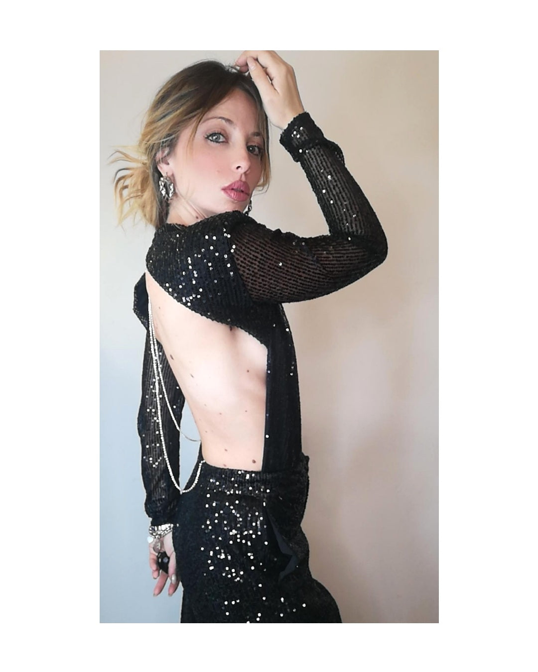 Cut out sequin body shirt with rhinestones!