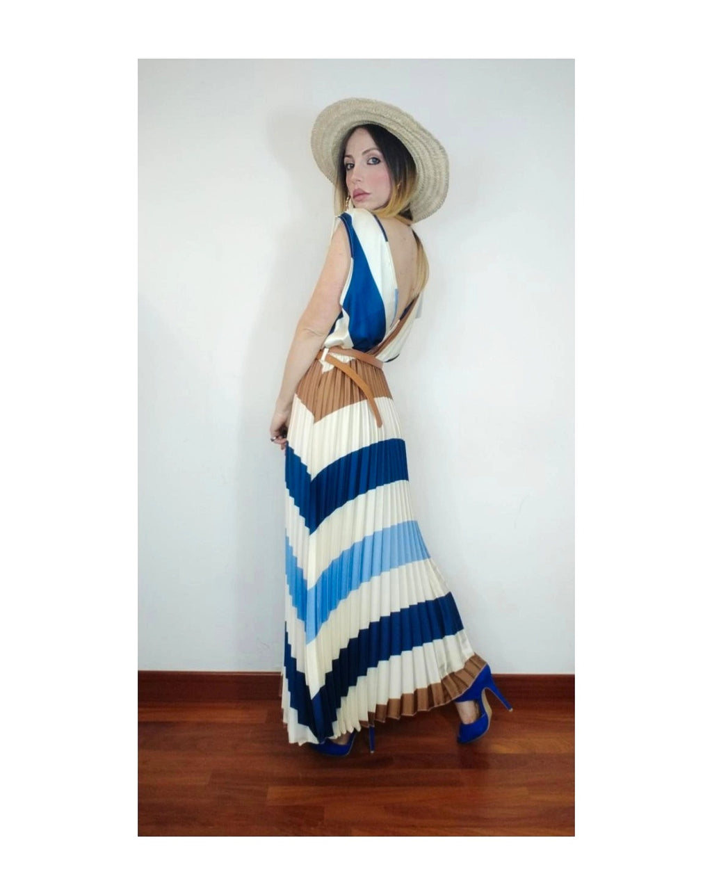 Blue palette pleated satin dress!