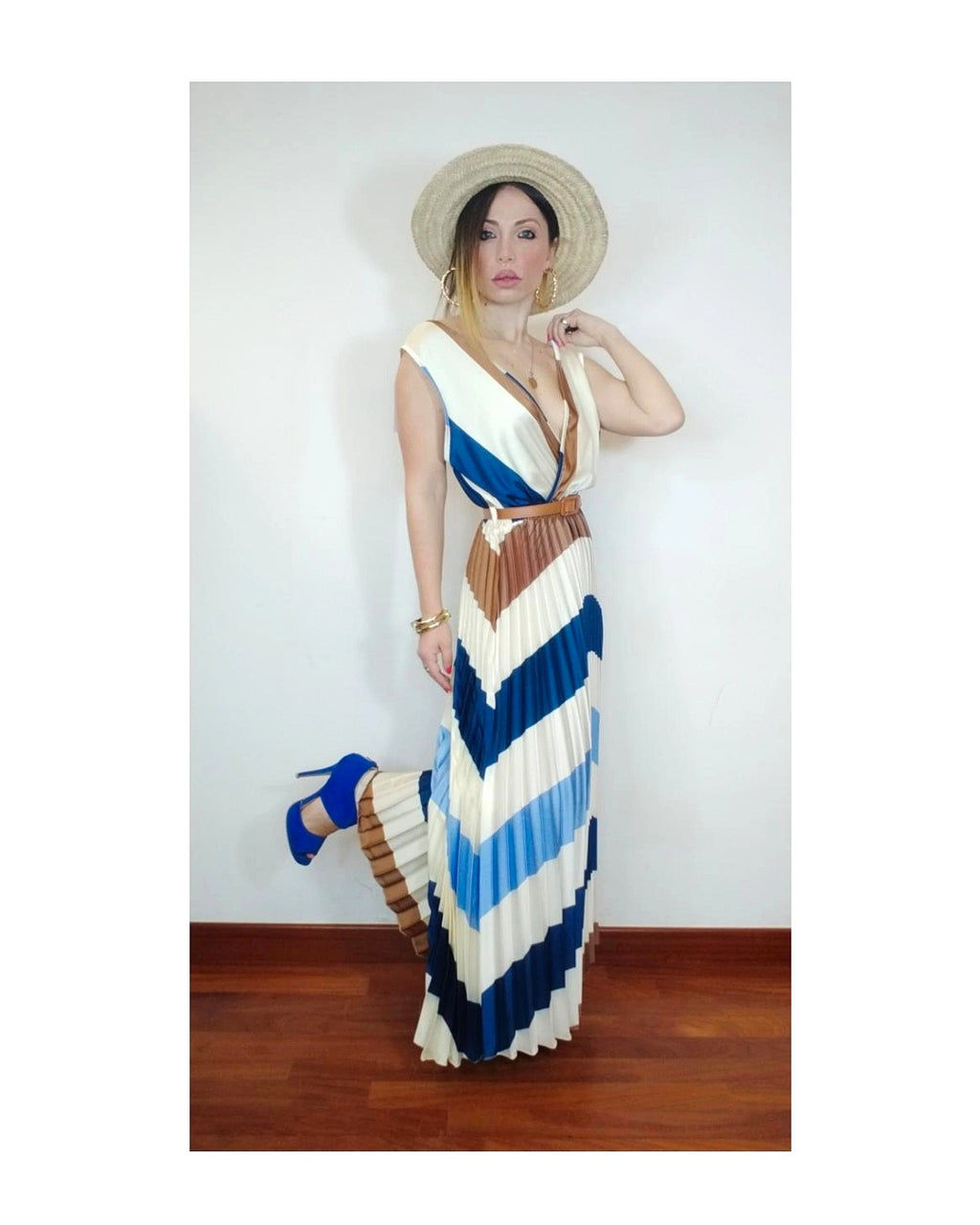 Blue palette pleated satin dress!