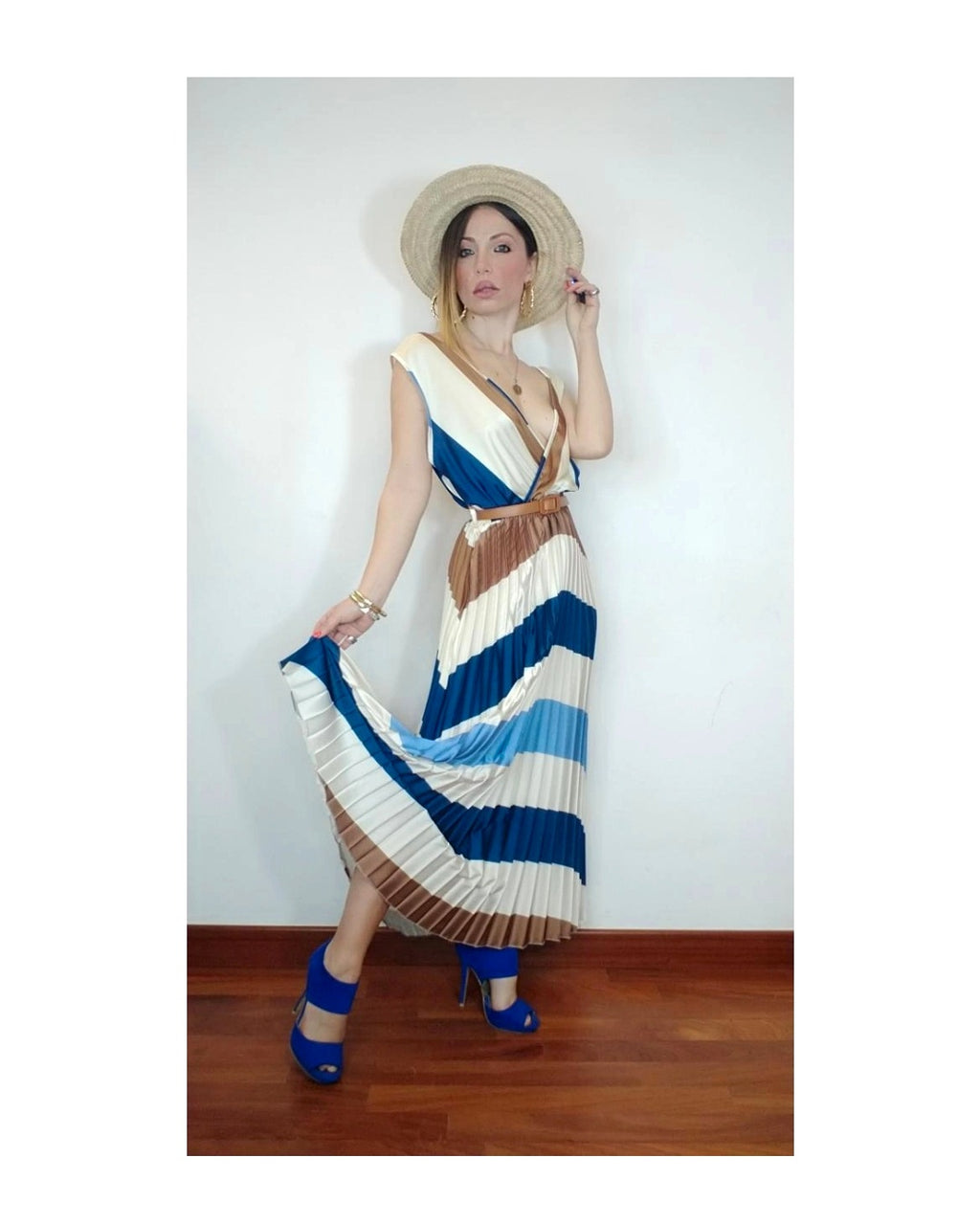 Blue palette pleated satin dress!