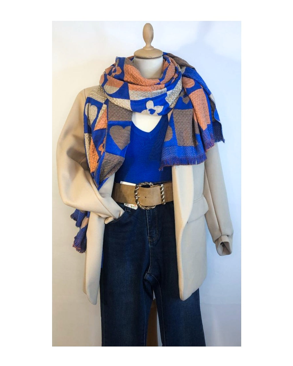 Checked cashmere, wool, viscose scarf, FLOWERS &amp; HEARTS!