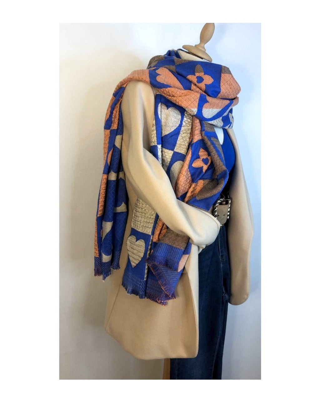 Checked cashmere, wool, viscose scarf, FLOWERS &amp; HEARTS!