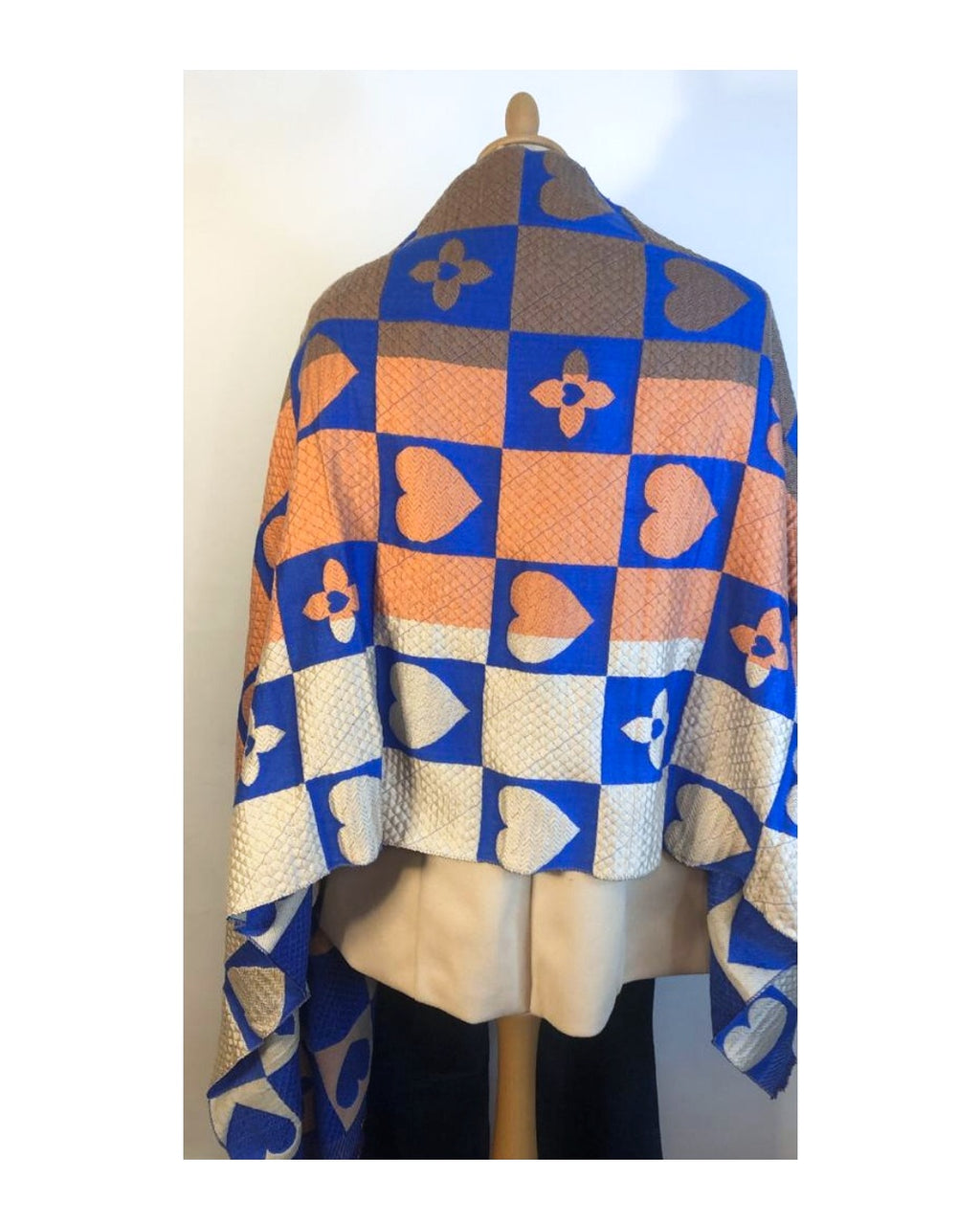 Checked cashmere, wool, viscose scarf, FLOWERS &amp; HEARTS!