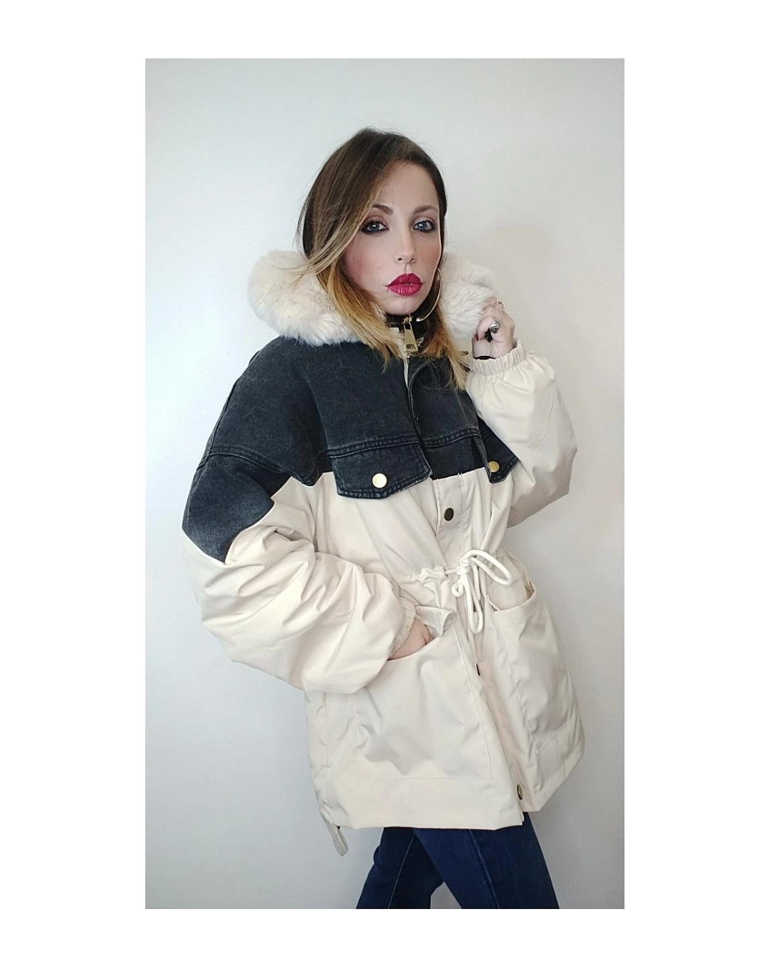 Parka eXtra con ecofur, BEIGE/JEANS NERO!