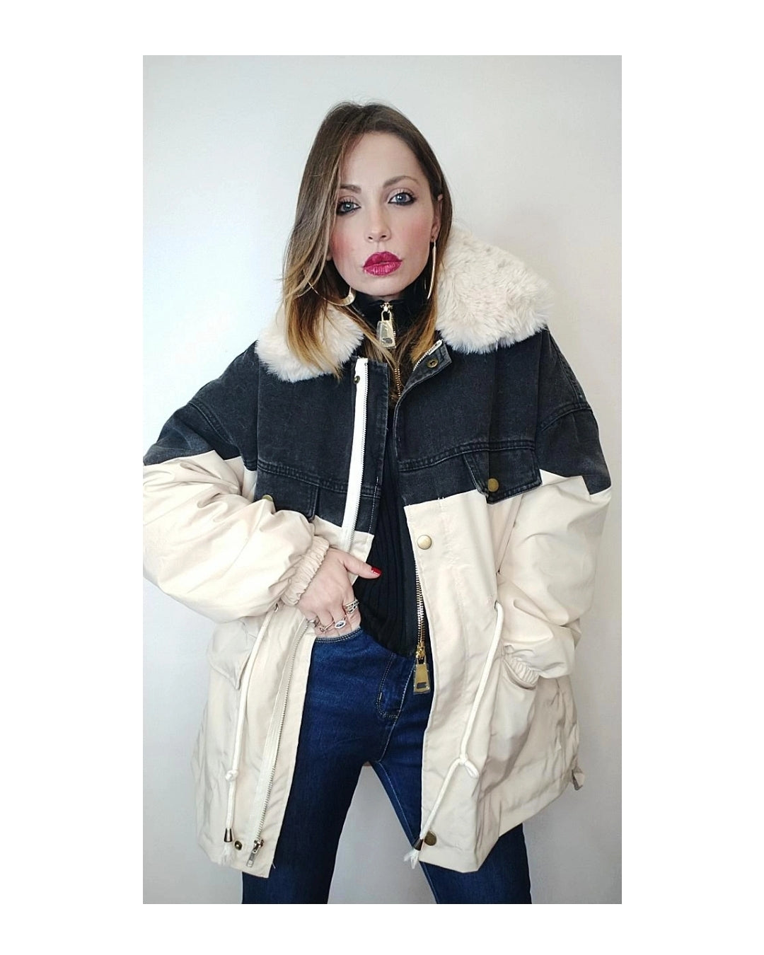 Parka eXtra con ecofur, BEIGE/JEANS NERO!