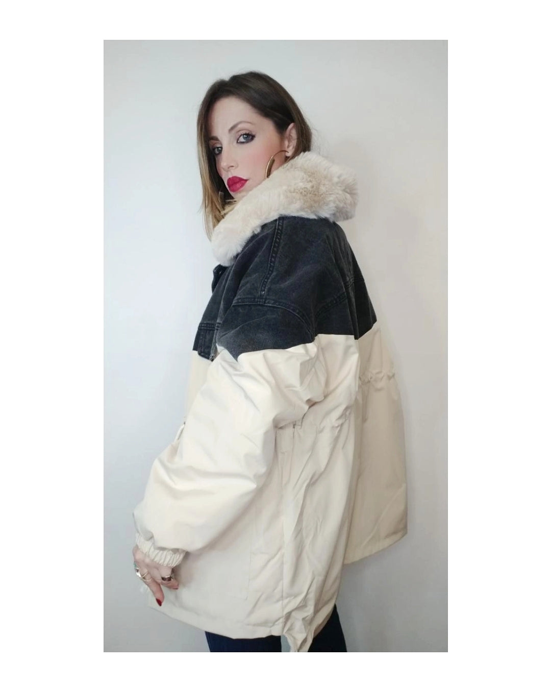 Parka eXtra con ecofur, BEIGE/JEANS NERO!