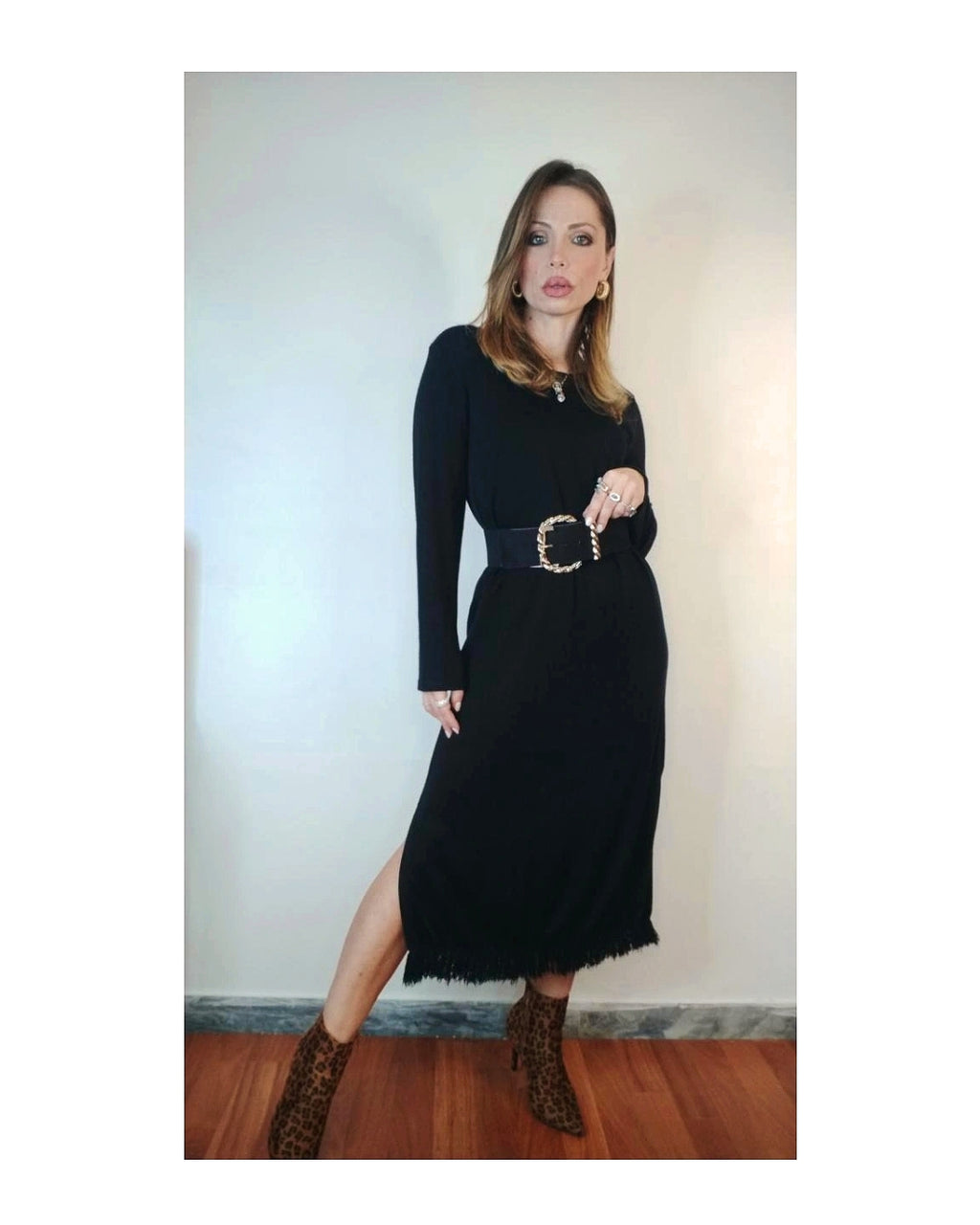 Straight double slit dress with fringes: GRAY or BLACK!