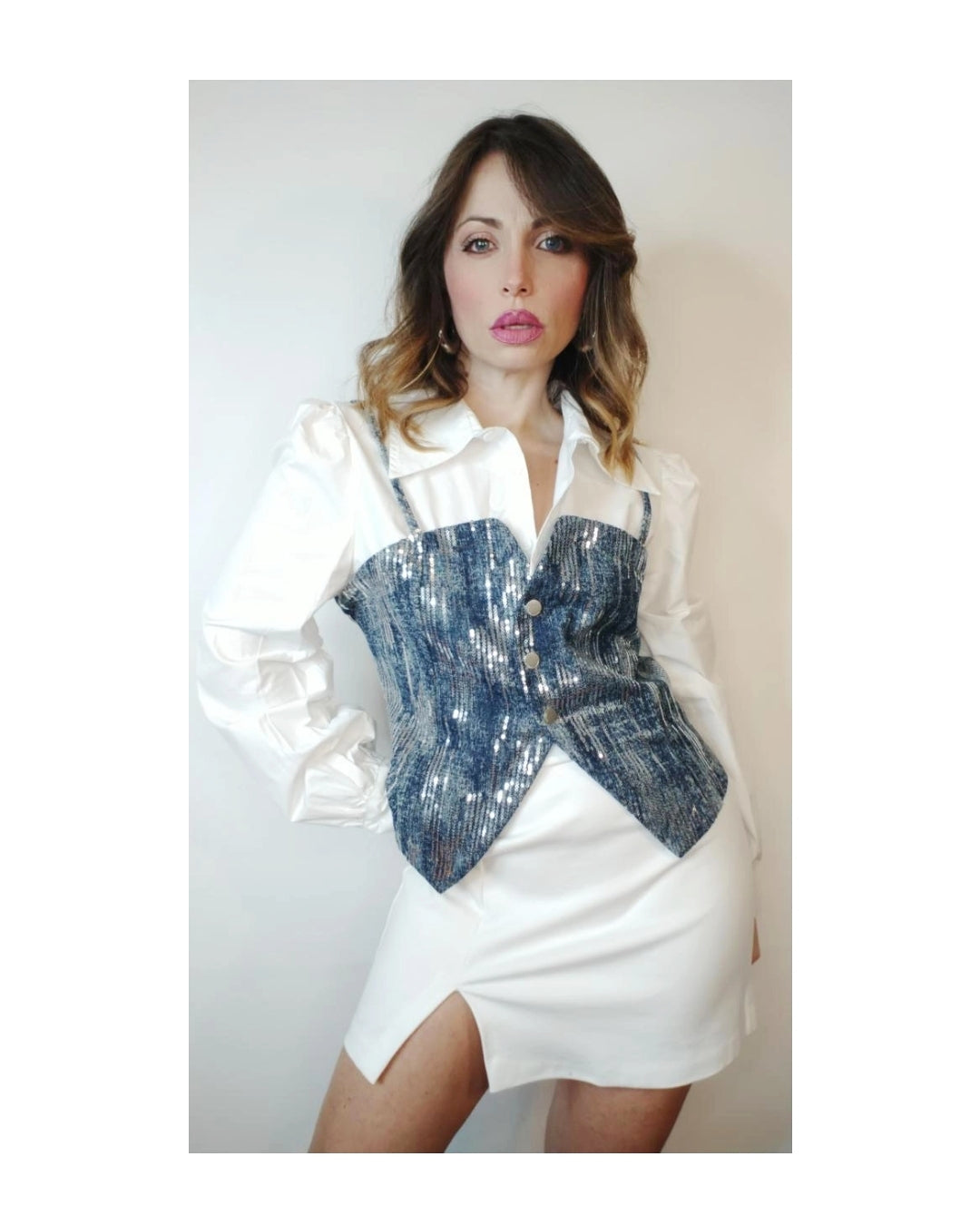 Camicia 100% cotone con bustier jeans e paillettes!