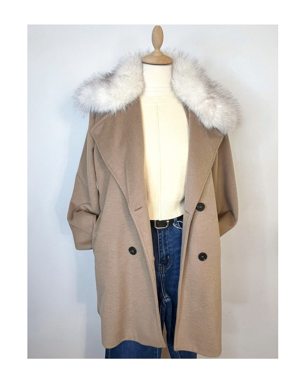 Cappotto bicolor doppiopetto con collo ecofur!