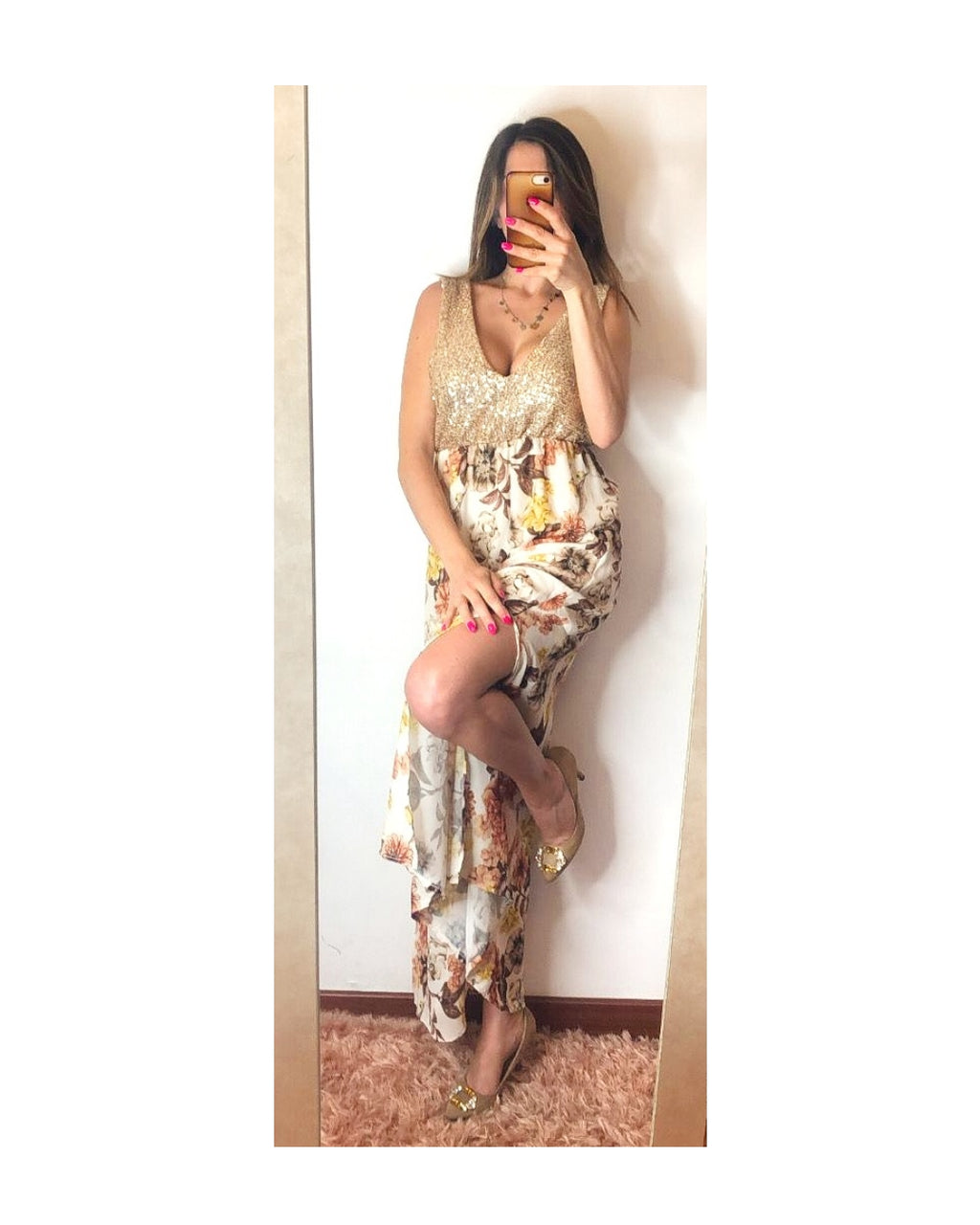 Long flower and sequin dress!