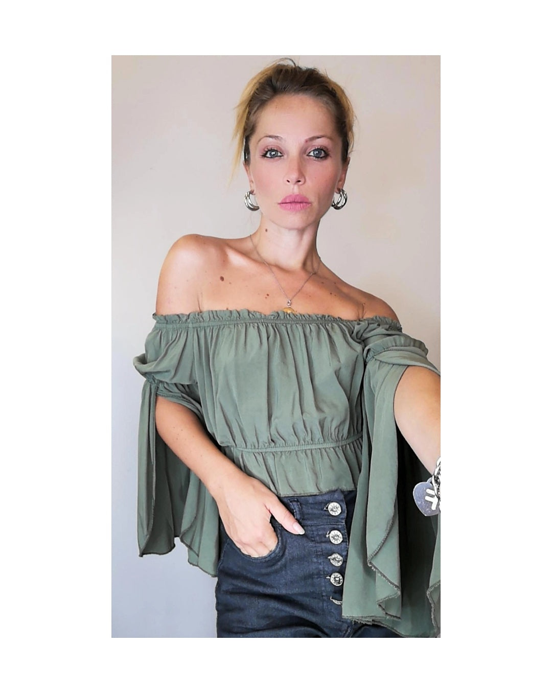 Top scollo a barchetta, VERDE MILITARE!