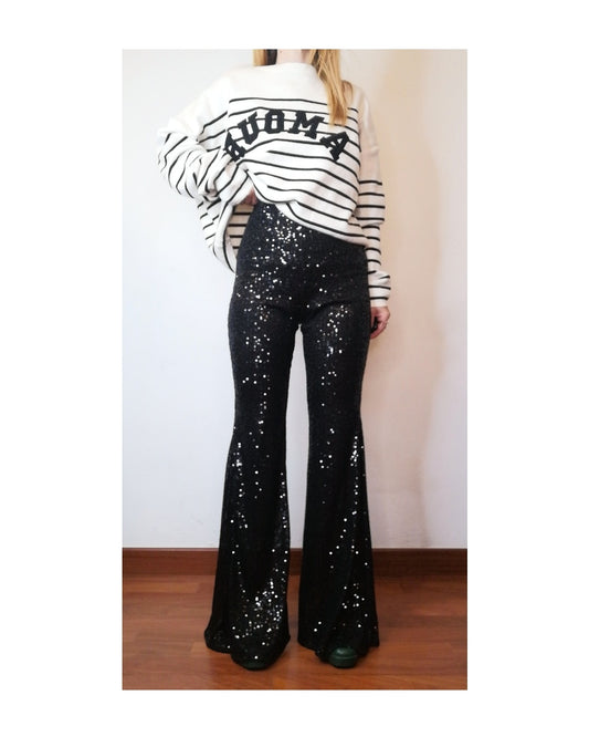 Pantalone a zampa full paillettes, NERO!