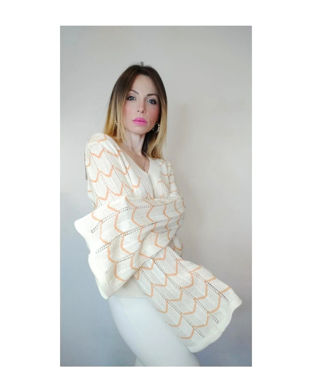 Perforated viscose/cotton blend sweater with bell sleeves!