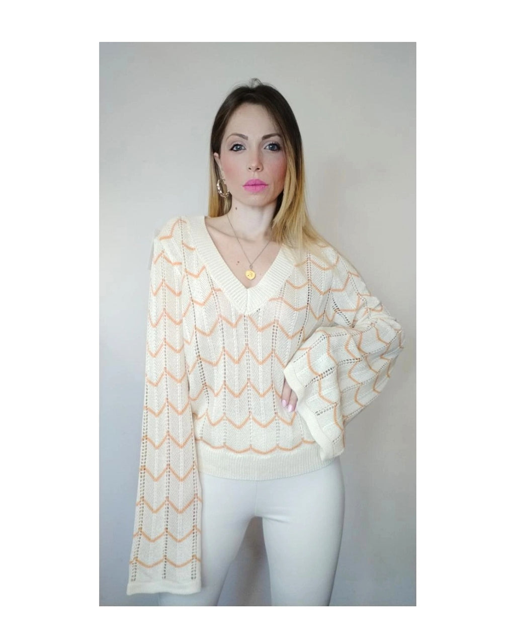 Perforated viscose/cotton blend sweater with bell sleeves!