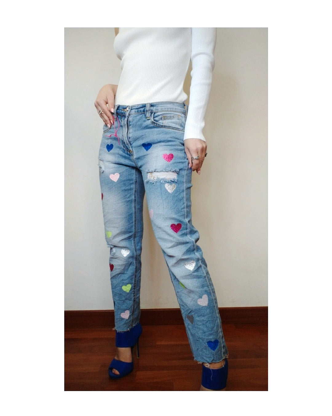 Jeans vita medio bassa con cuori colorful!